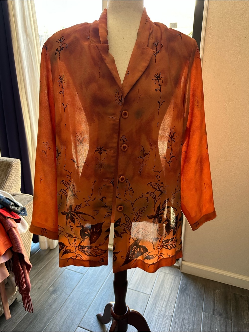 Sheer Orange Floral Button-Front Blouse